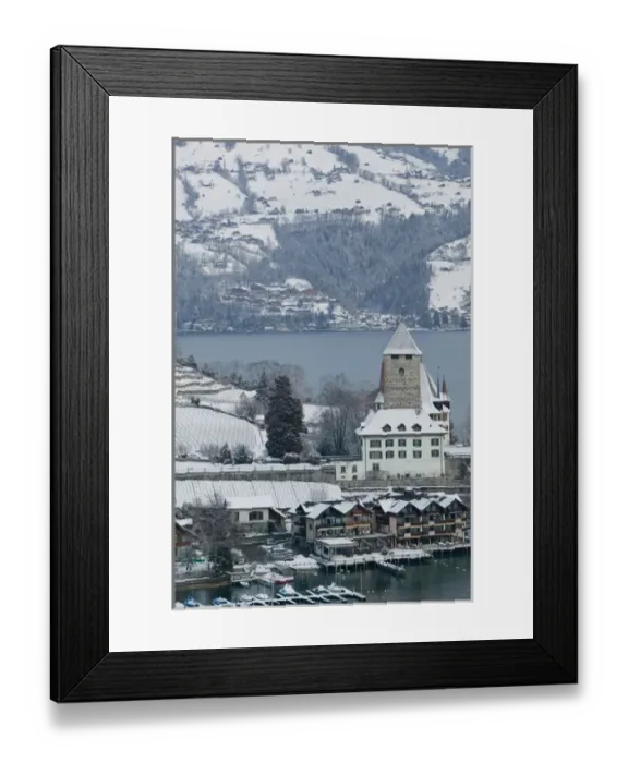 Framed Print : SWITZERLAND-Bern-SPIEZ: Town Castle (13th century) & Lake Thun / Winter Framed Print : SWITZERLAND-Bern-SPIEZ: Town Castle (13th century) & Lake Thun / Winter