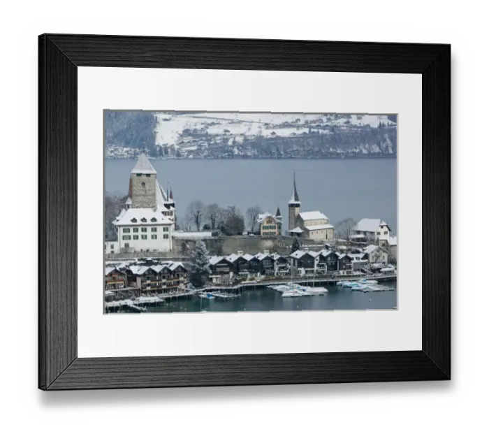 Framed Print : SWITZERLAND-Bern-SPIEZ: Town Castle (13th century) & Lake Thun  /  Winter