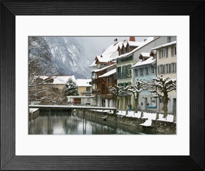 Framed Print : SWITZERLAND-Bern-INTERLAKEN: Town Buildings along Aare River  /  Winter