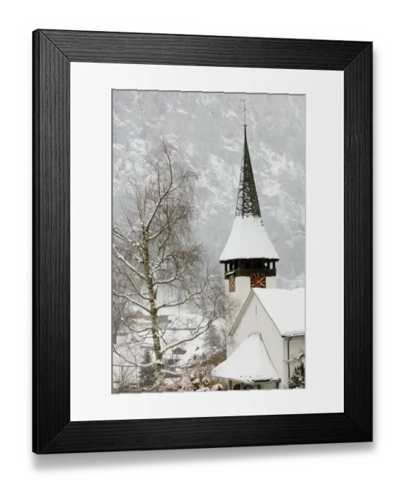 Framed Print : SWITZERLAND-Bern-LAUTERBRUNNEN: Town Church & Mountains / Winter Framed Print : SWITZERLAND-Bern-LAUTERBRUNNEN: Town Church & Mountains / Winter