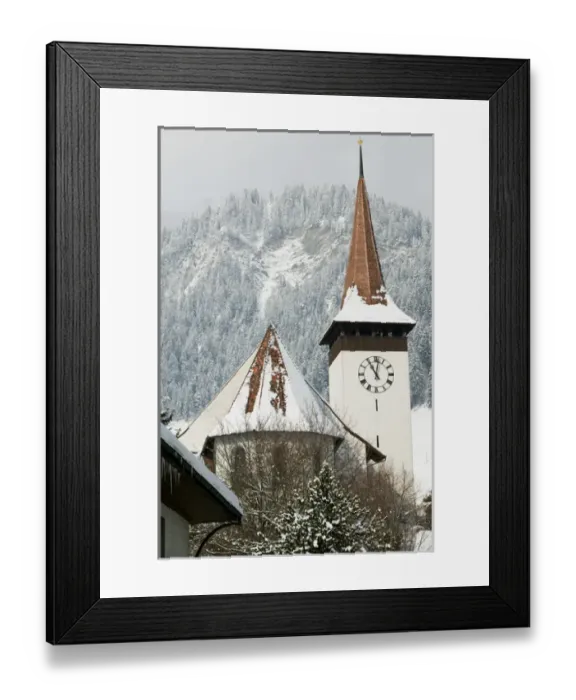Framed Print : SWITZERLAND-Bern-FRUTIGEN: Kandertal Valley- Town Church / Winter Framed Print : SWITZERLAND-Bern-FRUTIGEN: Kandertal Valley- Town Church / Winter