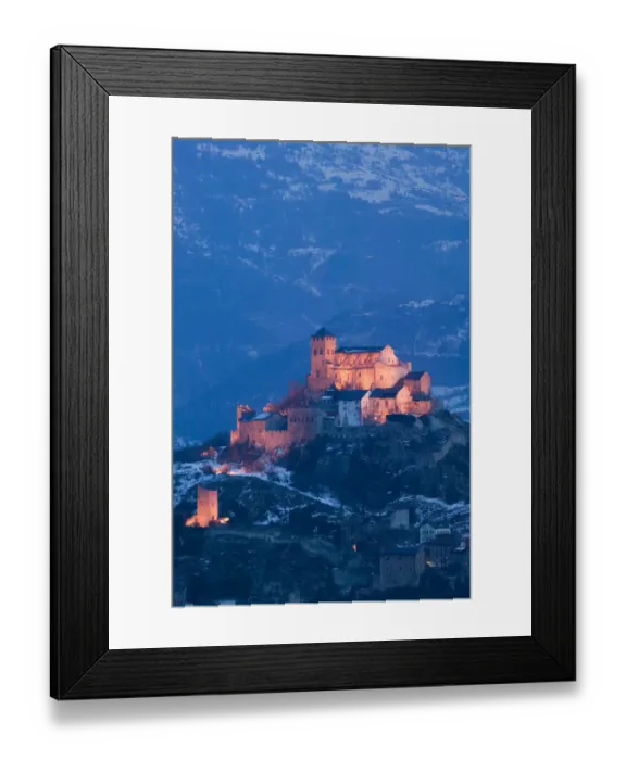 Framed Print : SWITZERLAND-Wallis / Valais-SION: Basilique de Valere (12th century) & Town Evening / Winter Framed Print : SWITZERLAND-Wallis / Valais-SION: Basilique de Valere (12th century) & Town Evening / Winter