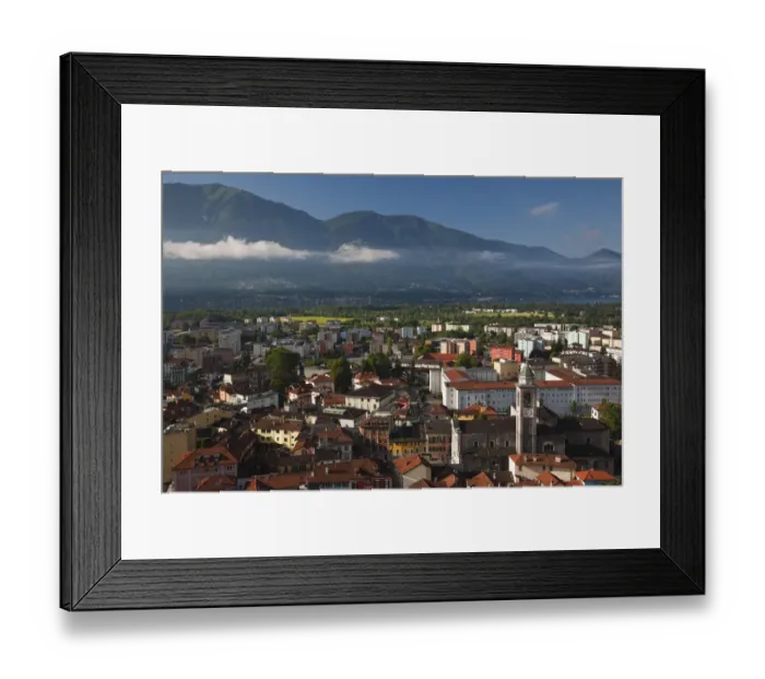 Framed Print : SWITZERLAND, Ticino Canton, Locarno. High angle town view, morning