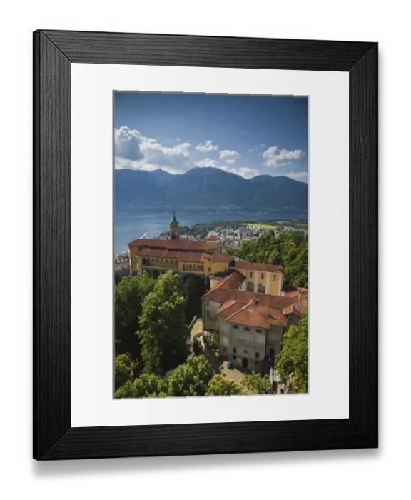 Framed Print : SWITZERLAND, Ticino Canton, Locarno. Madonna del Sasso church and Lake Maggiore