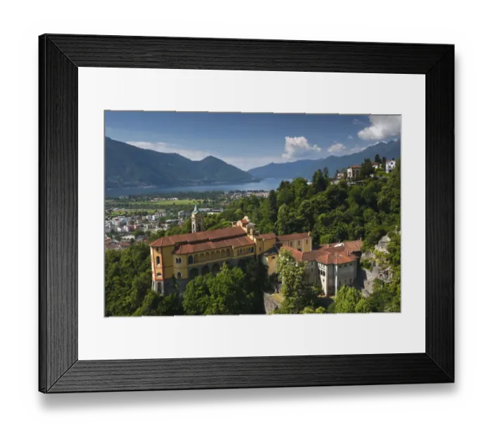 Framed Print : SWITZERLAND, Ticino Canton, Locarno. Madonna del Sasso church and Lake Maggiore