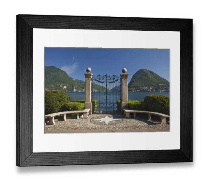Framed Print : SWITZERLAND, Ticino Canton, Lugano. View towards Monte San Salvador though gates