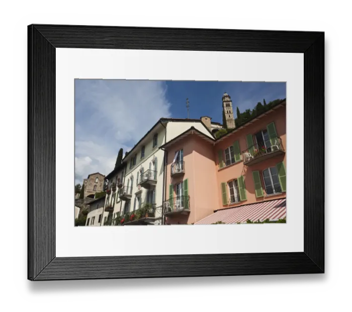 Framed Print : SWITZERLAND, Ticino Canton, Morcote. Lakefront buildings and Chiesa Santa Maria del