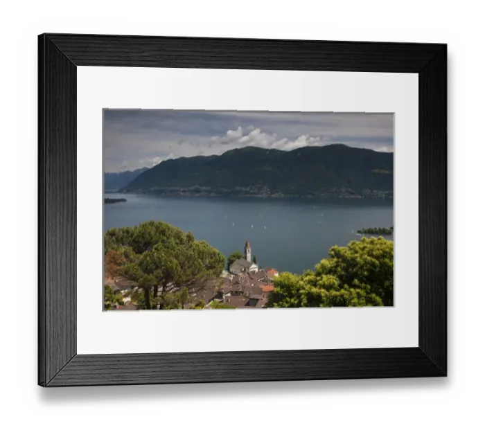 Framed Print : SWITZERLAND, Ticino Canton, Ronco. High angle view of town church and Lake Maggiore Framed Print : SWITZERLAND, Ticino Canton, Ronco. High angle view of town church and Lake Maggiore