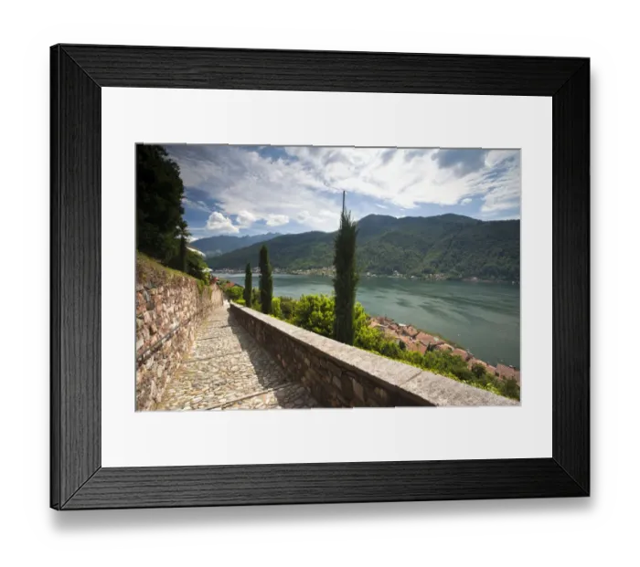 Framed Print : SWITZERLAND, Ticino Canton, Morcote. Stairs to the Chiesa Santa Maria del Sasso church