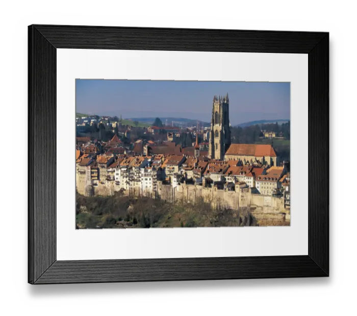 Framed Print : Europe, Switzerland, Fribourg. Cathedral St. Nicholas and city wall Framed Print : Europe, Switzerland, Fribourg. Cathedral St. Nicholas and city wall