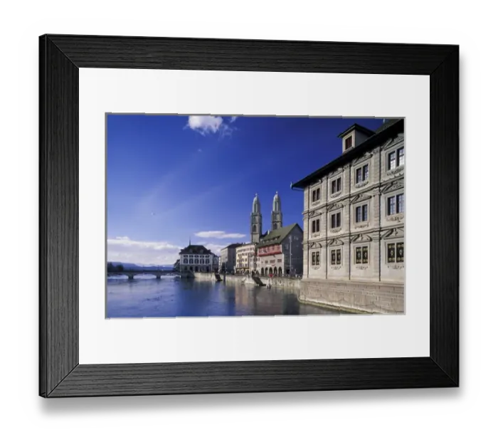 Framed Print : Europe, Switzerland, Zurich. Grossmunster Cathedral and Limmat River in daytime Framed Print : Europe, Switzerland, Zurich. Grossmunster Cathedral and Limmat River in daytime