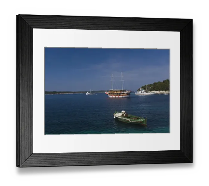 Framed Print : Boats docked in harbor, Hvar Island, Croatia