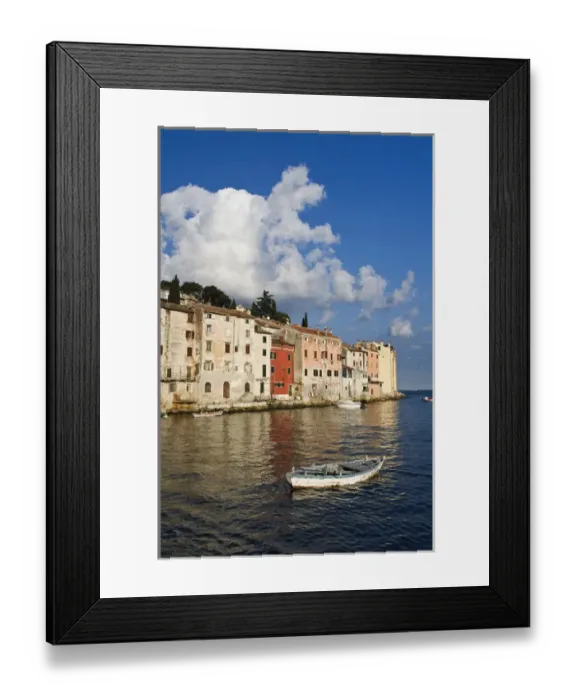Framed Print : Small boat and buildings reflecting on the Adriatic Sea at sunrise, Rovigno, Croatia Framed Print : Small boat and buildings reflecting on the Adriatic Sea at sunrise, Rovigno, Croatia