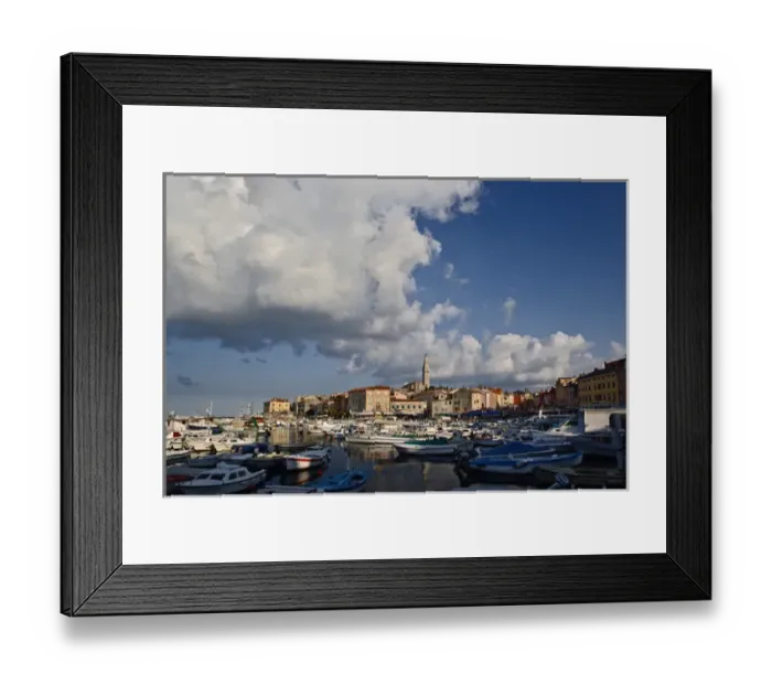 Framed Print : Boats docked in harbor in front of distant Cathedral of St. Euphemia, Rovigno, Croatia