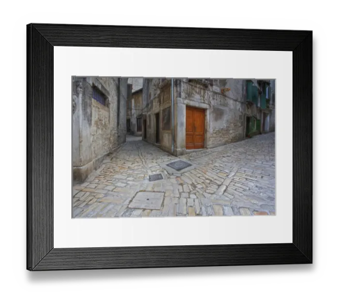 Framed Print : Juncture of two cobblestone streets forming a fork in the road, Rovigno, Croatia