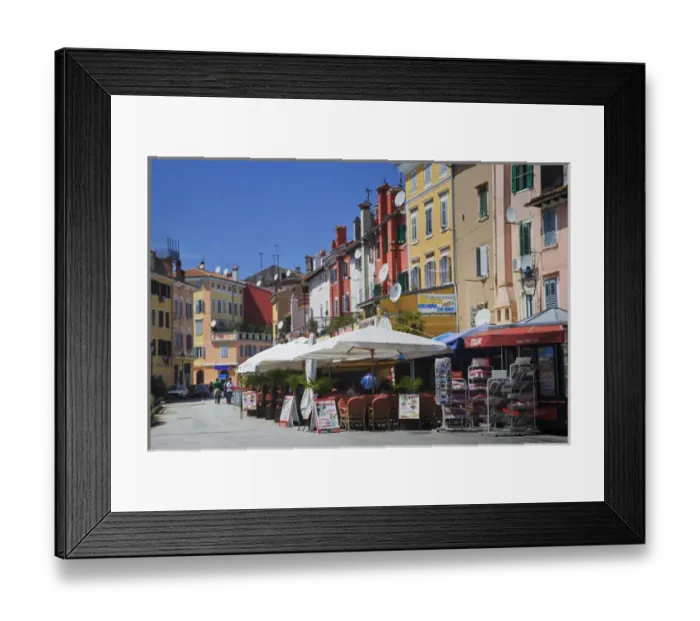 Framed Print : Outdoor cafes and colorful buildings, Rovigno, Croatia