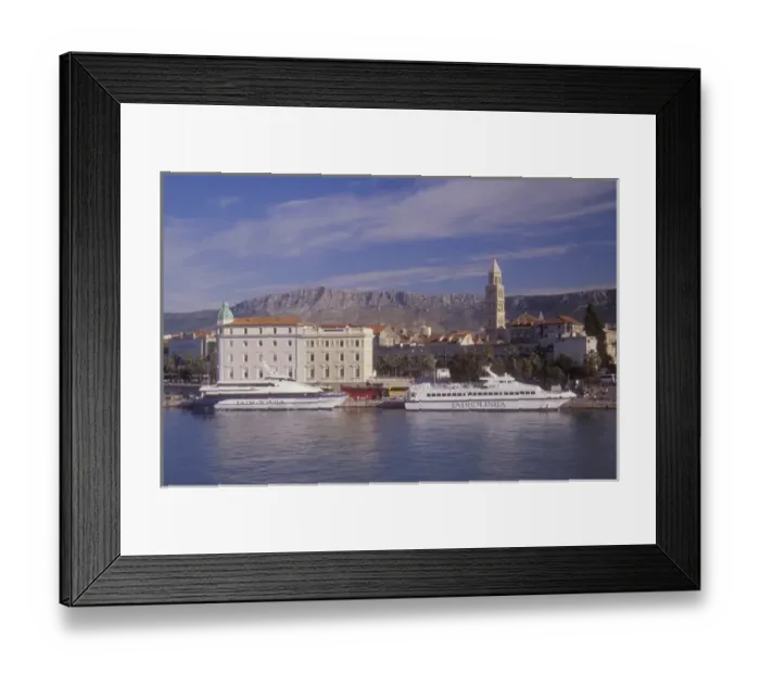 Framed Print : Jadrolinija passenger ferry ships and Split Harbor from the Split-Vis ferry as it Framed Print : Jadrolinija passenger ferry ships and Split Harbor from the Split-Vis ferry as it