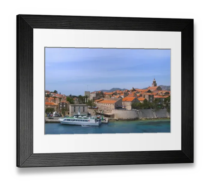 Framed Print : Ferry boat with cityscape of Korcula in Adriatic Sea, Croatia Framed Print : Ferry boat with cityscape of Korcula in Adriatic Sea, Croatia