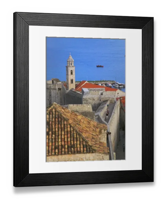 Framed Print : Cityscape of red roof houses domited by Bell Tower in Dubrovnik by Adriatic Sea, Croatia Framed Print : Cityscape of red roof houses domited by Bell Tower in Dubrovnik by Adriatic Sea, Croatia