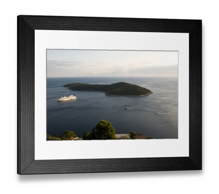 Framed Print : Silversea cruise line, Silver Cloud cruise ship in bay next to Lokrum Island near Framed Print : Silversea cruise line, Silver Cloud cruise ship in bay next to Lokrum Island near
