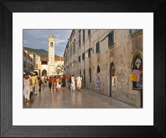 Framed Print : The main street Stradun Placa with traditional houses, view over clock tower Framed Print : The main street Stradun Placa with traditional houses, view over clock tower