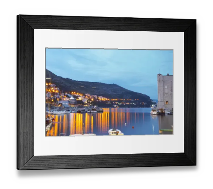 Framed Print : The old harbour with evening city light reflections in the water, Saint John s Framed Print : The old harbour with evening city light reflections in the water, Saint John s