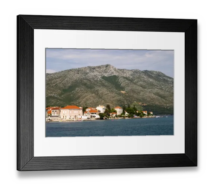 Framed Print : A view over the village and the Mount Sveti Ilija mountain. Orebic town, holiday Framed Print : A view over the village and the Mount Sveti Ilija mountain. Orebic town, holiday