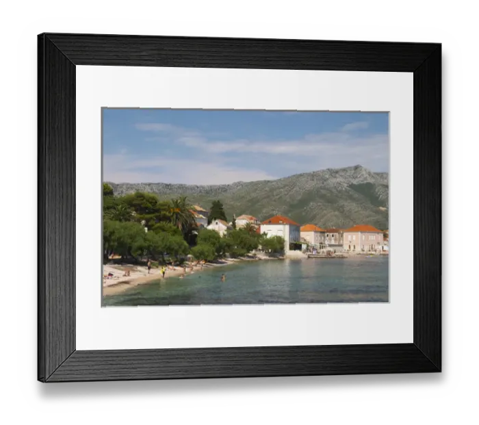Framed Print : Tourists with the village and Mount Sveti Ilija mountain. Orebic town, holiday resort Framed Print : Tourists with the village and Mount Sveti Ilija mountain. Orebic town, holiday resort
