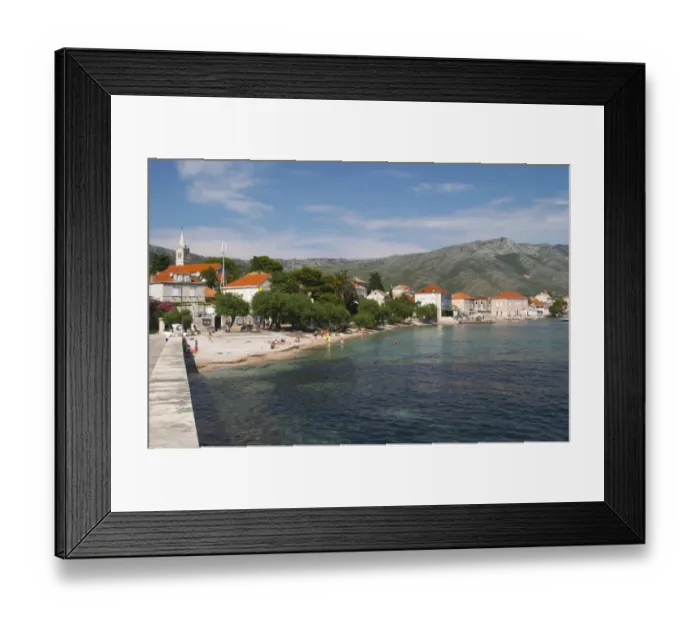 Framed Print : Tourists with the village and Mount Sveti Ilija mountain. Orebic town, holiday resort Framed Print : Tourists with the village and Mount Sveti Ilija mountain. Orebic town, holiday resort