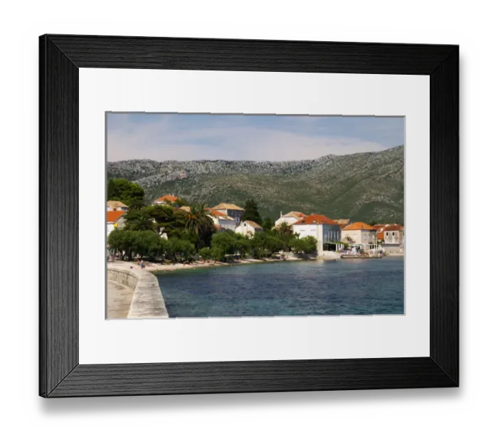Framed Print : A view over the village, Mount Sveti Ilija mountain. Orebic town, holiday resort