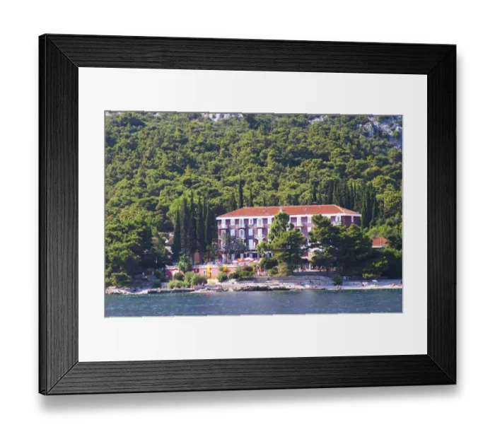 Framed Print : A beach hotel near the village. Orebic town, holiday resort on the south coast of