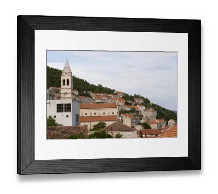 Framed Print : View from the winery over the village with an ugly disaffected concrete market building