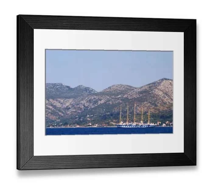 Framed Print : The Peljesac peninsula and Sveti Ilija mountain with a big sailing cruise ship schooner Framed Print : The Peljesac peninsula and Sveti Ilija mountain with a big sailing cruise ship schooner
