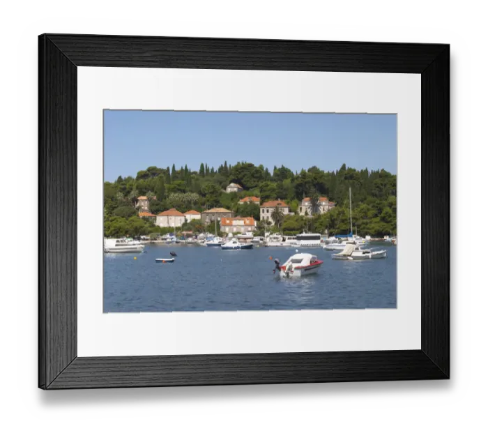 Framed Print : Pleasure boats moored on buoys and along the key, villas along the coast. Luka Gruz harbour Framed Print : Pleasure boats moored on buoys and along the key, villas along the coast. Luka Gruz harbour