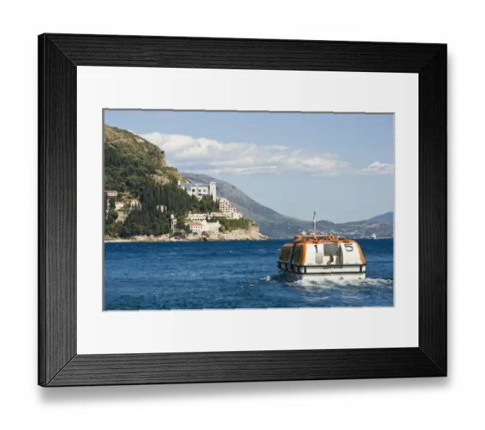 Framed Print : View of boat outside of Walled City of Dubrovnik, Southeastern Tip of Croatia, Dalmation Coast