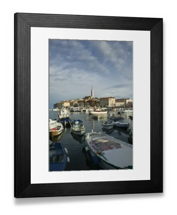 Framed Print : CROATIA, Istria, ROVINJ. ROVINJ harbor view with Cathedral of St. Euphemia  /  Morning