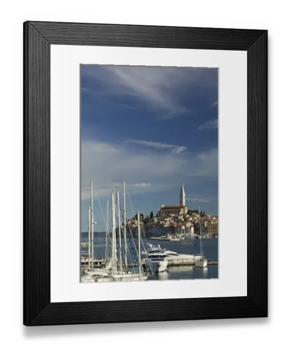 Framed Print : CROATIA, Istria, ROVINJ. ROVINJ harbor view with Cathedral of St. Euphemia  /  Morning