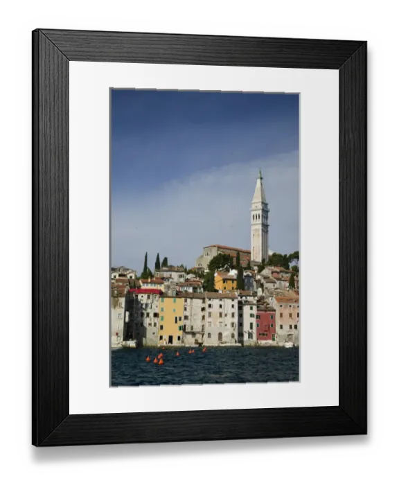 Framed Print : CROATIA, Istria, ROVINJ. ROVINJ waterfront view with Cathedral of St. Euphemia  /  Morning