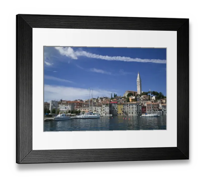Framed Print : CROATIA, Istria, ROVINJ. ROVINJ waterfront view with Cathedral of St. Euphemia  /  Morning
