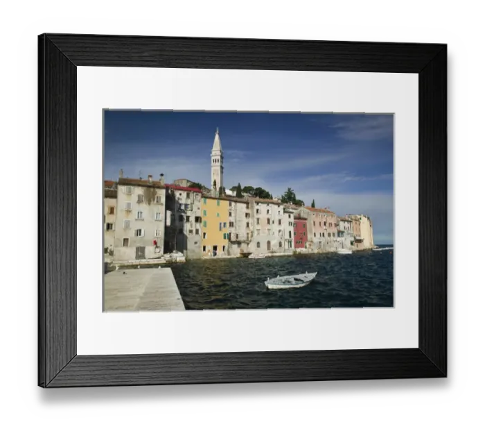 Framed Print : CROATIA, Istria, ROVINJ. ROVINJ waterfront view with Cathedral of St. Euphemia  /  Morning