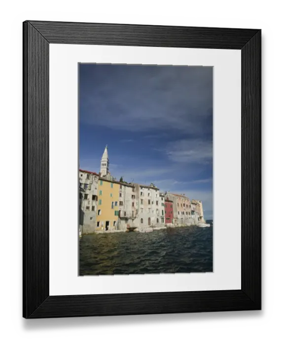 Framed Print : CROATIA, Istria, ROVINJ. ROVINJ waterfront view with Cathedral of St. Euphemia  /  Morning