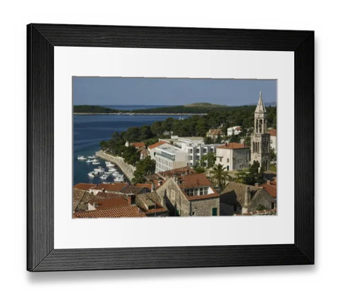 Framed Print : CROATIA, Southern Dalmatia, Hvar Island, Hvar Town. Hvar Yacht Harbor and St. Marko