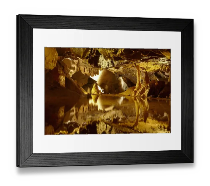 Framed Print : Stalactites and stalagmites reflected in pool, Goughs Cave, Cheddar Caves, Somerset