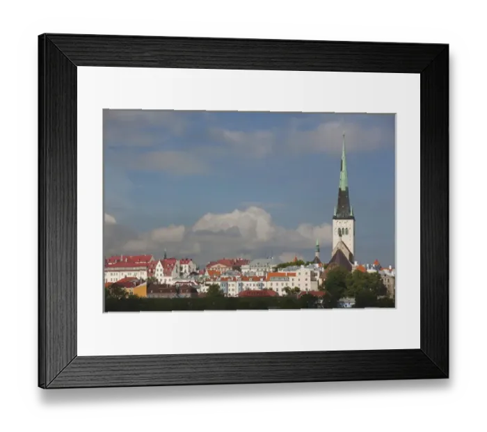 Framed Print : Estonia, Tallinn, town view from harbor with St. Olafs Church, morning Framed Print : Estonia, Tallinn, town view from harbor with St. Olafs Church, morning