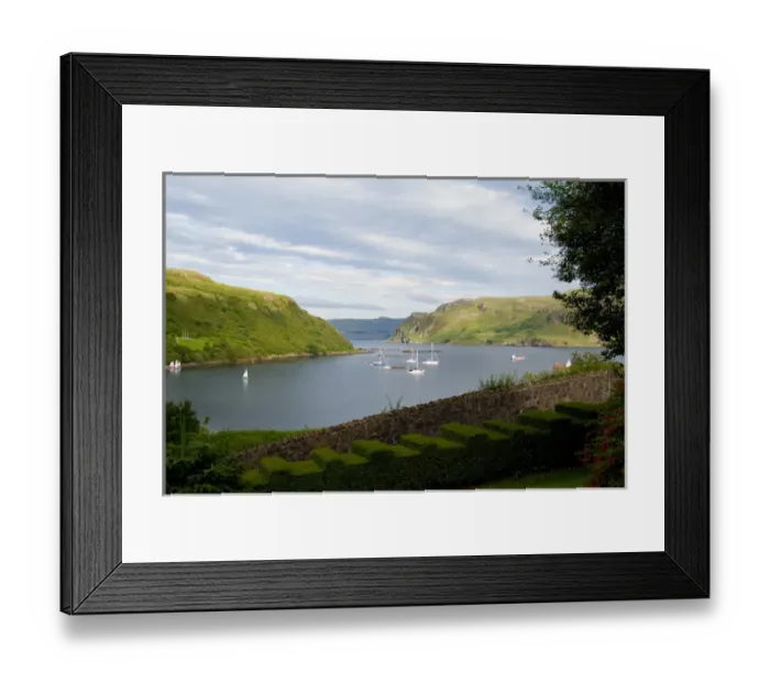 Framed Print : Beautiful port and sailboats with reflections in small tourist village of Portree