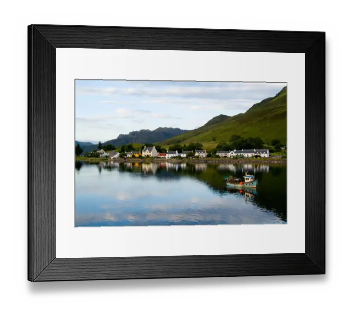 Framed Print : Beautiful photo of small village of Dornie with refections and boat in Western Highlands Framed Print : Beautiful photo of small village of Dornie with refections and boat in Western Highlands