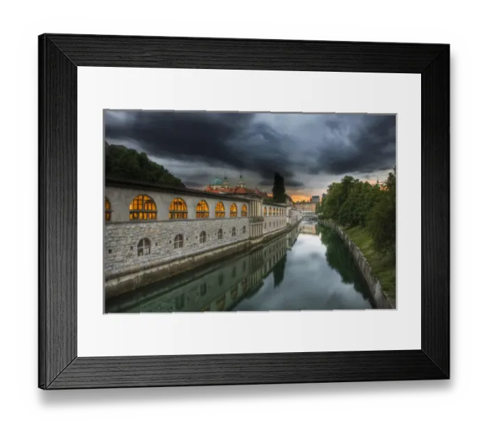 Framed Print : Backside of Market Colonnade and Ljubljanica River at dusk, Ljubljana, Slovenia Framed Print : Backside of Market Colonnade and Ljubljanica River at dusk, Ljubljana, Slovenia