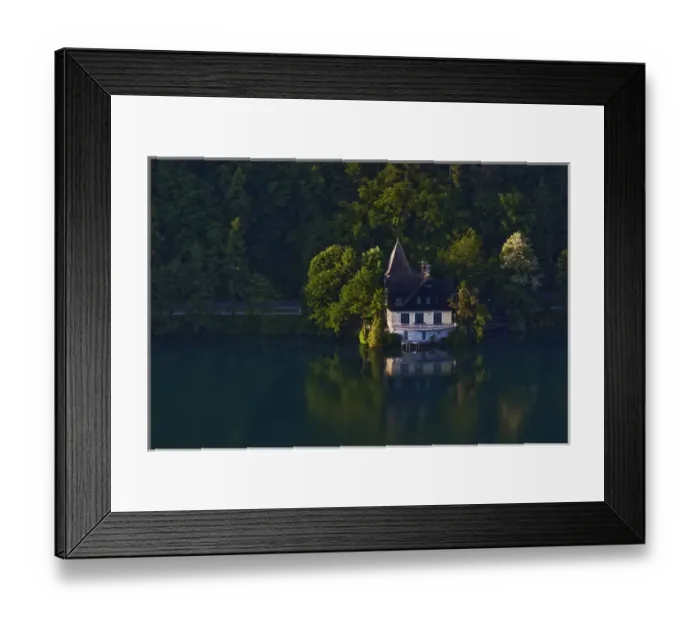 Framed Print : Home on shoreline of Lake Bled at sunrise, Bled, Slovenia Framed Print : Home on shoreline of Lake Bled at sunrise, Bled, Slovenia