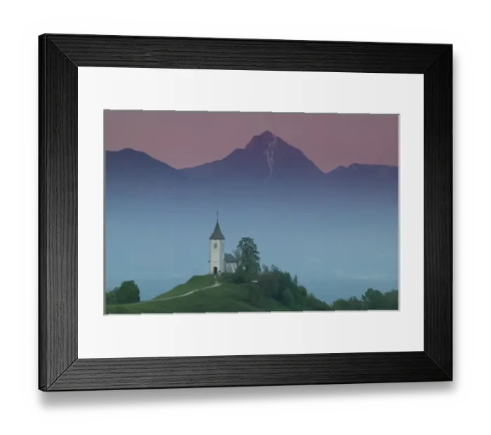 Framed Print : SLOVENIA-GORENJSKA-Jamnik: Church of St. Prim & Kamnik-Savinja Alps  /  Evening