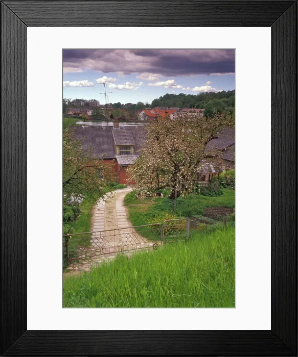 Framed Print : Spring time with rural house on the edge of city of Talsi in Kurzeme region of Latvia